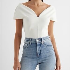 Express White Plunge V-Neck Bodysuit with Flutter Sleeves